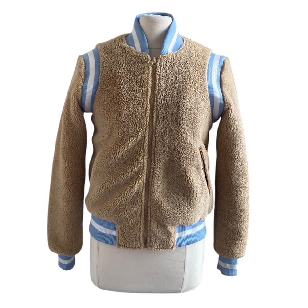 AMERICAN STITCH Bomber Jacket Womens Sz Small Tan Fleece Varsity Full Zip